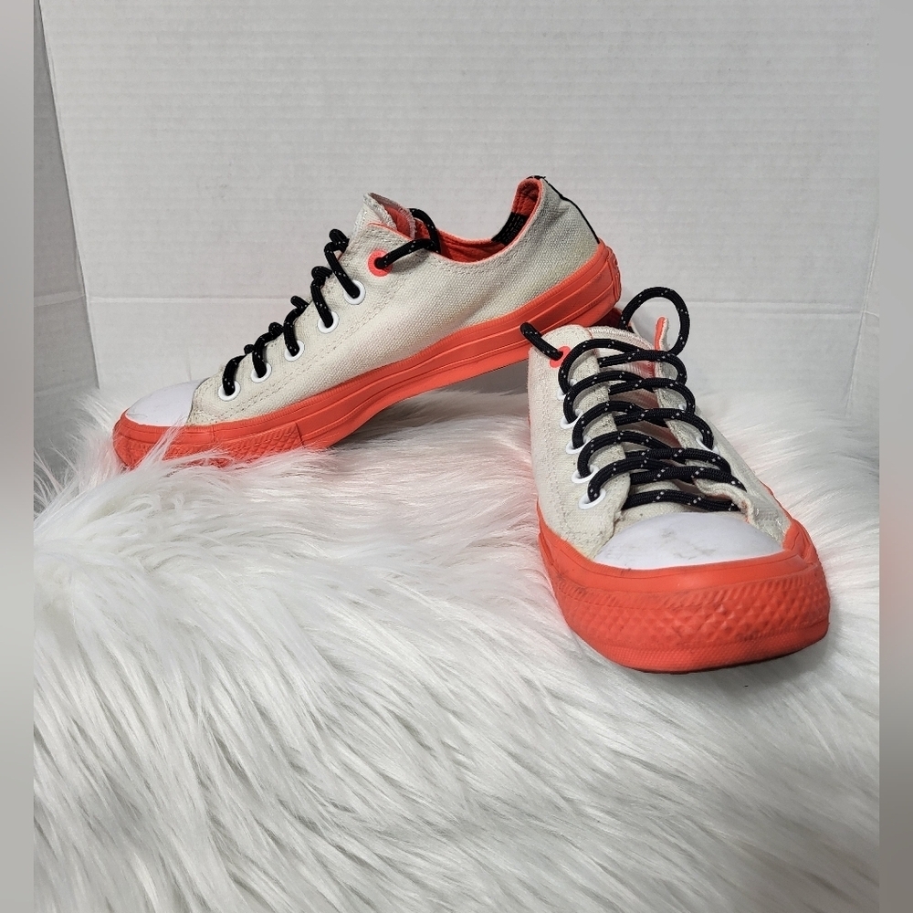 Converse Chuck Taylor White and Neon Orange Sneakers, Size 7